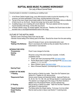 NUPTIAL MASS MUSIC PLANNING WORKSHEET Our Lady of Mount Carmel Parish