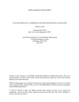 Nber Working Paper Series Vaccine Hesitancy