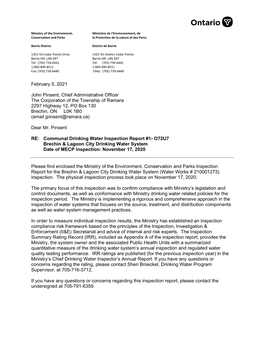 February 5, 2021 John Pinsent, Chief Administrative Officer the Corporation of the Township of Ramara 2297 Highway 12, PO Box 13