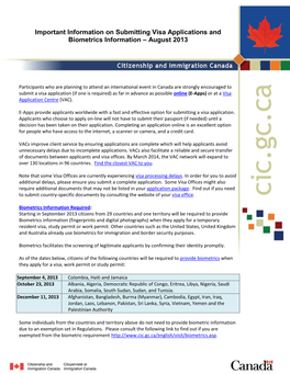 Important Information on Submitting Visa Applications and Biometrics Information – August 2013