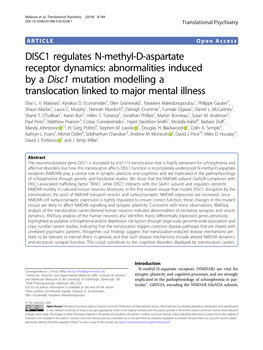 Abnormalities Induced by a Disc1 Mutation Modelling a Translocation Linked to Major Mental Illness Elise L