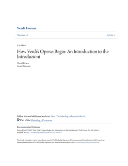 How Verdi's Operas Begin: an Introduction to the Introduzioni David Rosen Cornell University