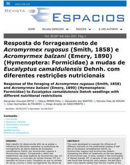 Resposta Do Forrageamento De Acromyrmex Rugosus (Smith, 1858) E Acromyrmex Balzani (Emery, 1890) (Hymenoptera: Formicidae) a Mudas De Eucalyptus Camaldulensis Dehnh