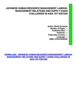 {Download PDF} Japanese Human Resource Management Labour-Management Relations and Supply Chain Challenges in Asia 1St Edition Pd
