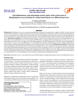 Anti-Inflammatory and Antioxidant Activity Index of the Aerial Roots of Rhaphidophora Aurea (Linden Ex Andre) Intertwined Over Different Host Trees