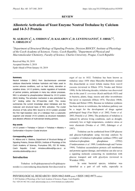 Allosteric Activation of Yeast Enzyme Neutral Trehalase by Calcium and 14-3-3 Protein