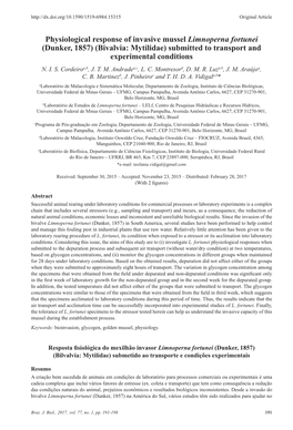 Physiological Response of Invasive Mussel Limnoperna Fortunei (Dunker, 1857) (Bivalvia: Mytilidae) Submitted to Transport and Experimental Conditions N