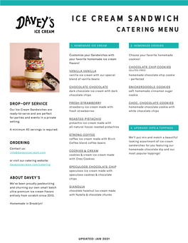 Ice Cream Sandwich Catering Menu