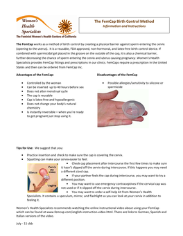 The Femcap Birth Control Method Information and Instructions