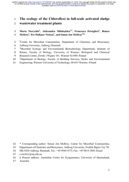The Ecology of the Chloroflexi in Full-Scale Activated Sludge 2 Wastewater Treatment Plants