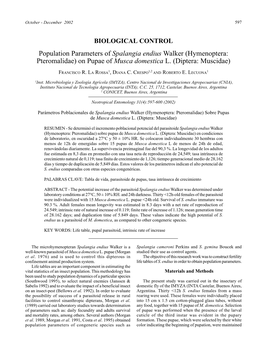 Population Parameters of Spalangia Endius Walker (Hymenoptera: Pteromalidae) on Pupae of Musca Domestica L