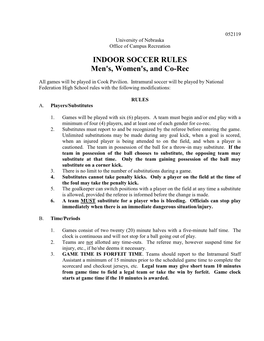 INDOOR SOCCER RULES Men's, Women's, and Co-Rec