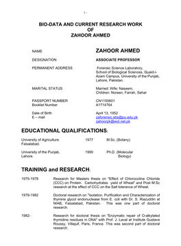 Bio-Data and Current Research Work of Zahoor Ahmed