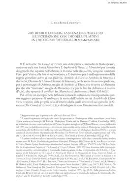 My Door Is Locked»: La Scena Dell’ Exclusio E L’Interazione Con I Modelli Plautini in the Comedy of Errors Di Shakespeare