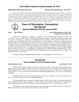 Town of Stonington, Connecticut $20,000,000 General Obligation Bonds, Issue of 2017