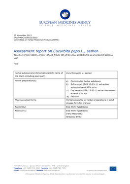 Assessment Report on Cucurbita Pepo L., Semen Based on Article 16D(1), Article 16F and Article 16H of Directive 2001/83/EC As Amended (Traditional Use)