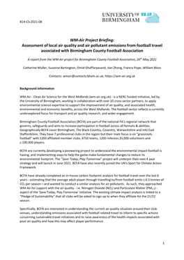 WM-Air Project Briefing: Assessment of Local Air Quality and Air Pollutant Emissions from Football Travel Associated with Birmingham County Football Association