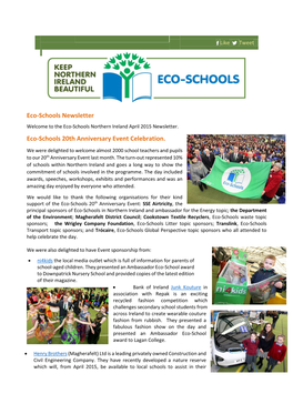 Eco-Schools Newsletter Eco-Schools 20Th Anniversary Event Celebration