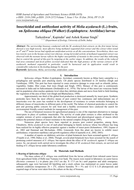 Insecticidal and Antifeedant Activity of Melia Azedarach (L.) Fruits, on Spilosoma Obliqua (Walker) (Lepidoptera: Arctiidae) Larvae