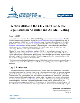 Election 2020 and the COVID-19 Pandemic: Legal Issues in Absentee and All-Mail Voting