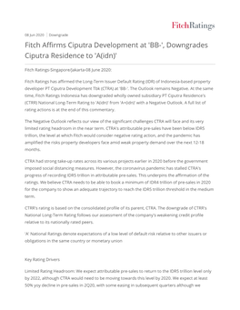 Fitch Affirms Ciputra Development at 'BB-', Downgrades Ciputra Residence to 'A(Idn)'