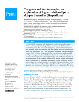 Ten Genes and Two Topologies: an Exploration of Higher Relationships in Skipper Butterﬂies (Hesperiidae)