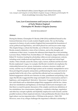 Law, Law-Consciousness and Lawyers As Constitutive of Early Modern England Christopher W