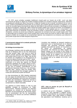 Note De Synthèse N°58 Brittany Ferries, La Dynamique D'un