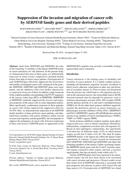 Suppression of the Invasion and Migration of Cancer Cells by SERPINB Family Genes and Their Derived Peptides