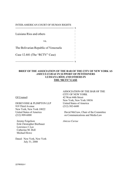 Luisiana Ríos and Others Vs. the Bolivarian Republic of Venezuela Case 12.441 (The “RCTV” Case)