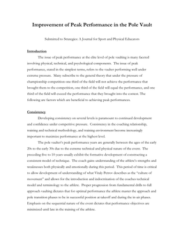 Improvement of Peak Performance in the Pole Vault