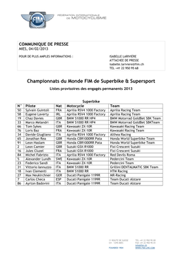 Championnats Du Monde FIM De Superbike & Supersport