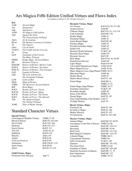 Ars Magica Fifth Edition Unified Virtues and Flaws Index Standard