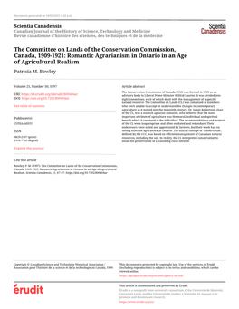 The Committee on Lands of the Conservation Commission, Canada, 1909-1921: Romantic Agrarianism in Ontario in an Age of Agricultural Realism Patricia M