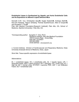 1 Endothelial Lipase Is Synthesized by Hepatic and Aorta Endothelial