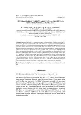 SUSTAINABILITY of CURRENT AGRICULTURAL PRACTICES in the CAMERON HIGHLANDS, MALAYSIA 1. Introduction the District of Cameron High