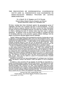 The Prevention of Experimental Clostridium Novyi and Cl. Perfringens Gas Gangrene in I M M Uni Sat1 0 N High-Velocity Missile Wo