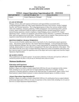 Airport Operations Superintendent I/II – 3525/3532 DEPARTMENT ACCOUNTABLE to FLSA STATUS Airport Airport Operations Manager Exempt