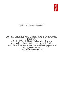 Correspondence and Other Papers of Richard Cobden, M.P