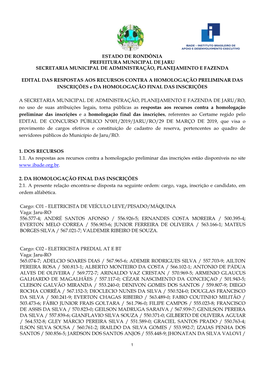 Estado De Rondônia Prefeitura Municipal De Jaru Secretaria Municipal De Administração, Planejamento E Fazenda
