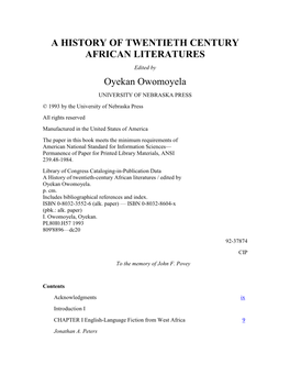 A HISTORY of TWENTIETH CENTURY AFRICAN LITERATURE.Rtf