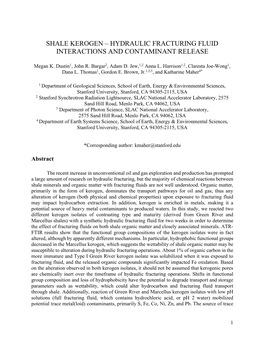 Shale Kerogen – Hydraulic Fracturing Fluid Interactions and Contaminant Release