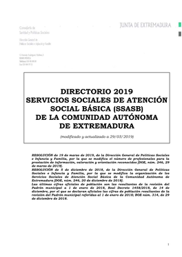 Directorio 2019 Servicios Sociales De Atención Social Básica (Ssasb) De La Comunidad Autónoma De Extremadura