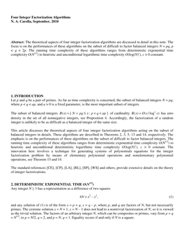 Four Integer Factorization Algorithms NA Carella, September, 2010 Abstract