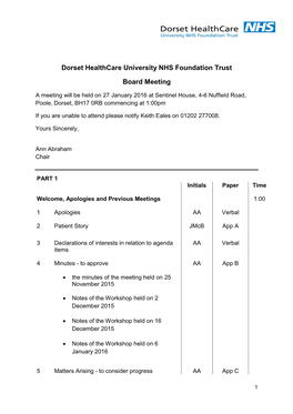 Dorset Healthcare University NHS Foundation Trust Board Meeting