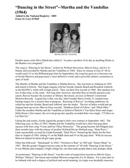 Dancing in the Street”--Martha and the Vandellas (1964) Added to the National Registry: 2005 Essay by Cary O’Dell