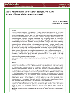 Música Instrumental En Valencia Entre Los Siglos XVIII Y XIX: Revisión Crítica Para La Investigación Y Docencia