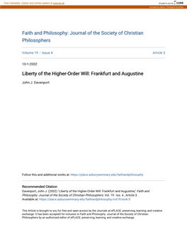 Liberty of the Higher-Order Will: Frankfurt and Augustine