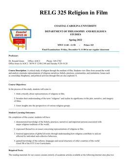 RELG 325-01 Religion in Contemporary American Film