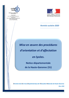 Mise En Œuvre Des Procédures D'orientation Et D'affectation En Lycées